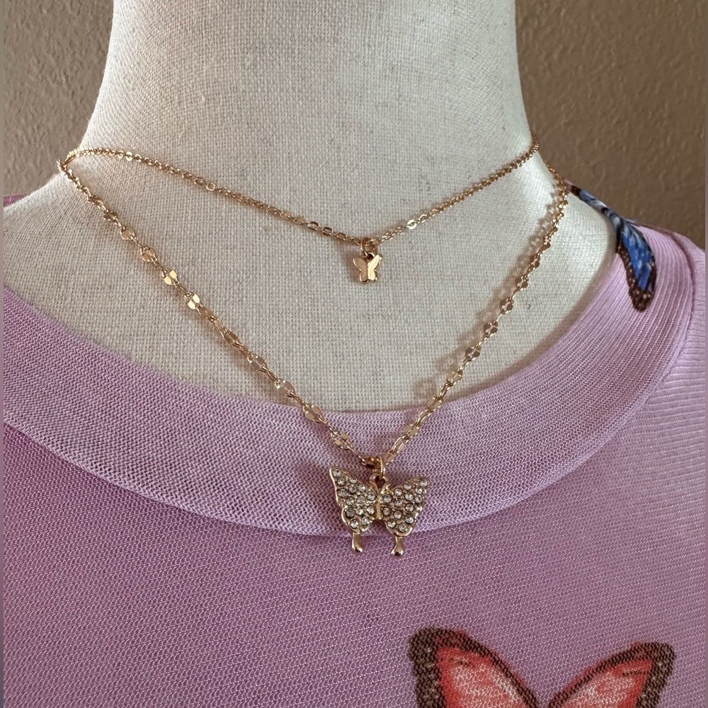 Gold Plated Layered Butterfly Pendant Necklace